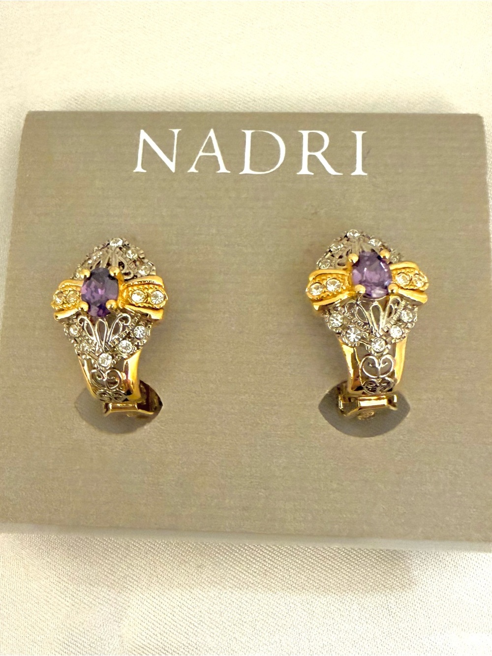 Nadri Purple Crystal Clip On Earrings Gold Tone Silver Filigree Rhinestone VTG